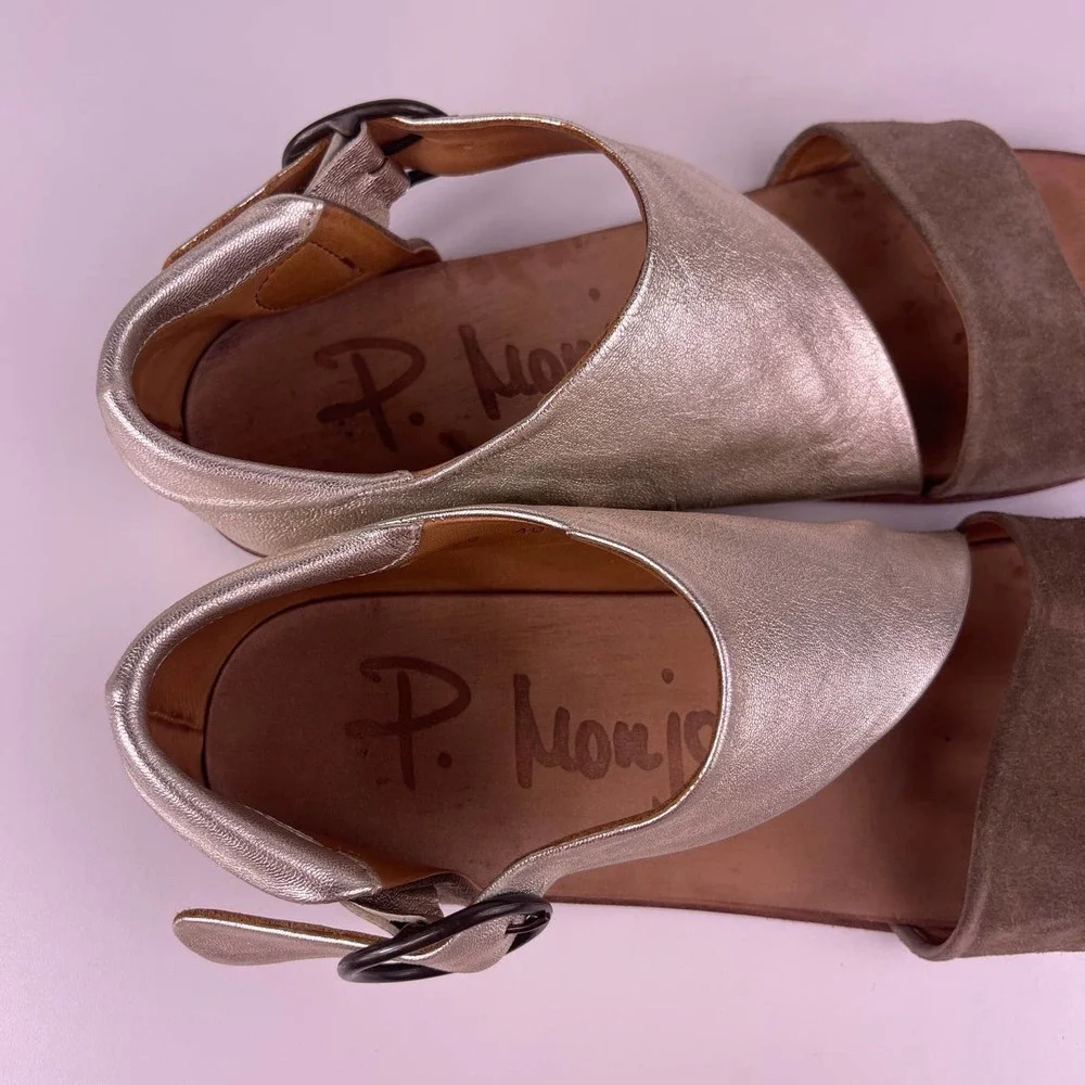 P Monjo Daniela Platino Mocha Gold Tan Leather Sandals Flats Women's Size 40 10